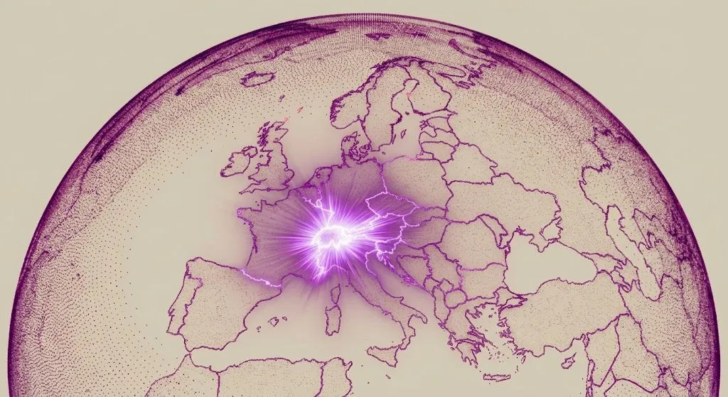 Europe on a globe drawn as a point cloud in purple, with Switzerland glowing at its centre.